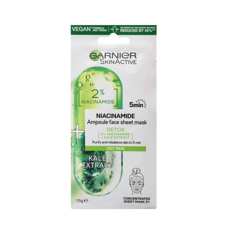 Garnier Skin Active Niacinamide Kale Extract Ampoule Face Sheet Mask - 15g | Discount Brand Name Cosmetics  