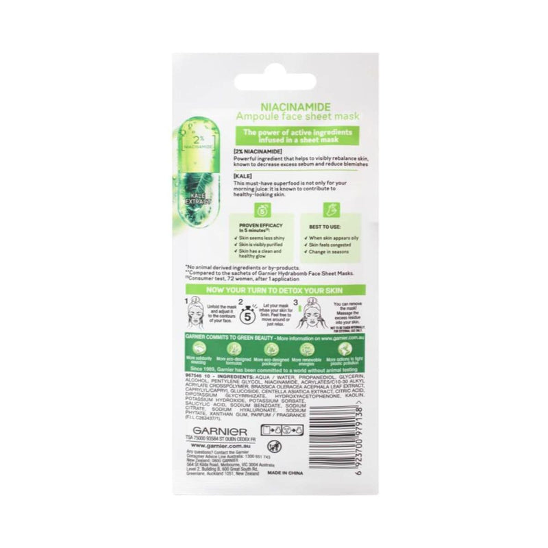 Garnier Skin Active Niacinamide Kale Extract Ampoule Face Sheet Mask - 15g | Discount Brand Name Cosmetics  