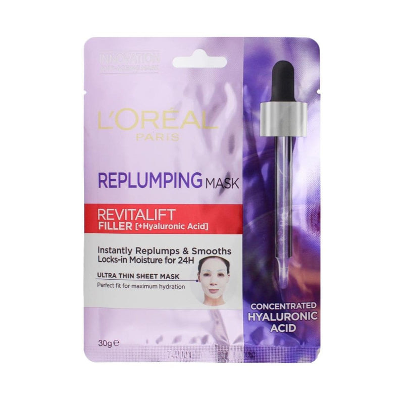 L'Oreal Replumping Mask Revitalift Filler + Hyaluronic Acid Sheet Mask - 30g | Discount Brand Name Cosmetics  