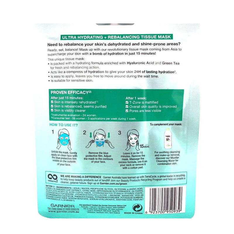 Garnier SkinActive Hydra Bomb Tissue Mask - Green Tea & Hyaluronic Acid | Discount Brand Name Cosmetics